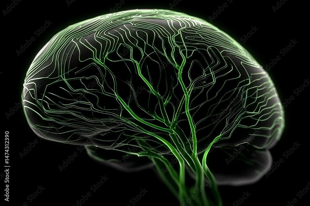 Poster Representation of a brain with glowing green neural pathways displayed against a dark background illustrating connectivity and intelligence