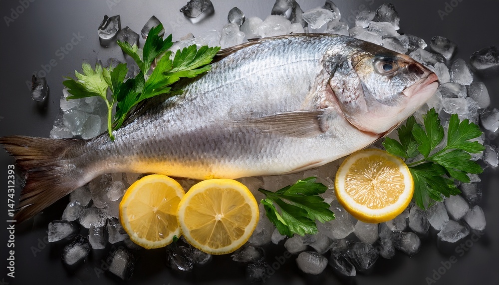 Wall mural fresh fish on ice with lemon slices and parsley creating refreshing and appetizing display scene hig
