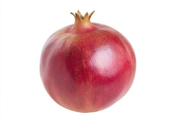 Single ripe pomegranate fruit, vibrant red, isolated on white background.