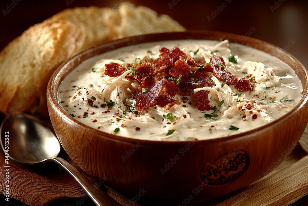 Aufkleber creamy chicken soup with crispy bacon served in a wooden bowl alongside fresh bread in a cozy settin