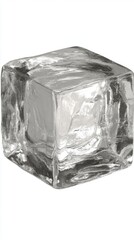 Studio shot of a single ice cube on white background showing texture and light refraction for drink or cooling concept