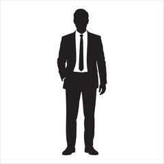 Businessman silhouette in suit and tie standing with hands in pockets isolated on white background.