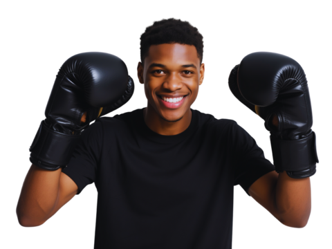 Happy Young Black Boxer Wearing Black Boxing Gloves