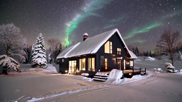 Chalet moderne sous la neige avec aurore bor&eacute;ale scintillante