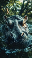 Fototapeta premium Hippo swims close to the surface in a lush, green environment during the golden hour