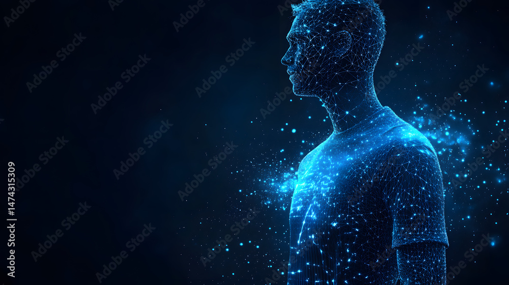 Fototapete futuristic digital man portrait crafted from interconnected lines and particles. glowing emblem on t