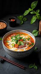Spicy Beef Noodle Soup, Dark Background