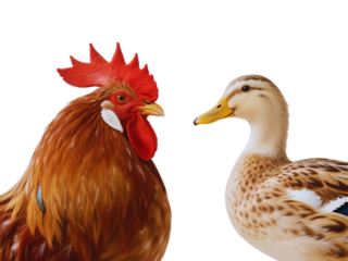Rooster and Duck Facing Each Other on Black Background