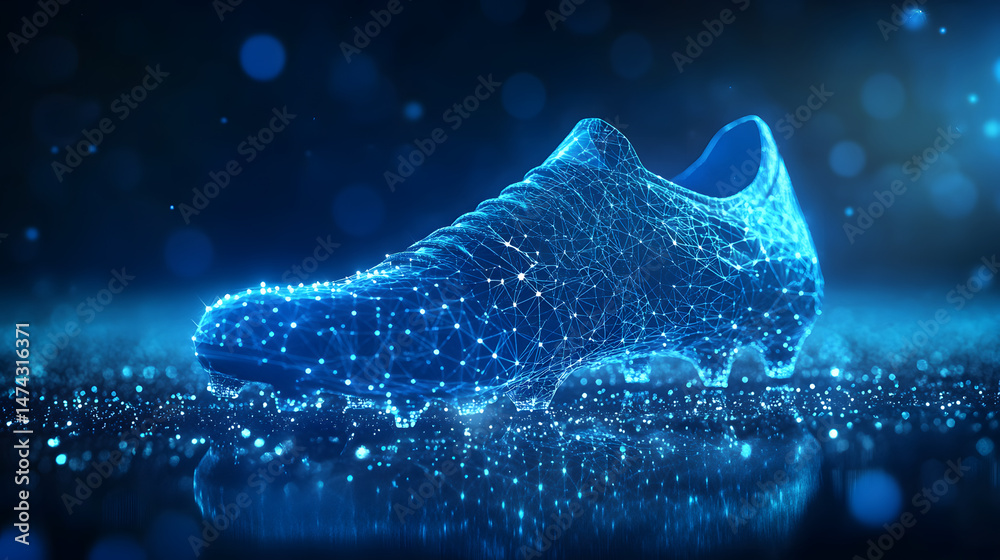 Poster Futuristic soccer cleat design presented in luminous blue. A digital artwork showcasing a glowing, wireframe aesthetic. Floating above bokeh particles, Abstract wireframe in dark blue