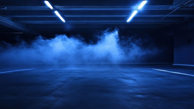 Empty parking garage with blue smoke effect and fluorescent lights low angle shot for background or texture