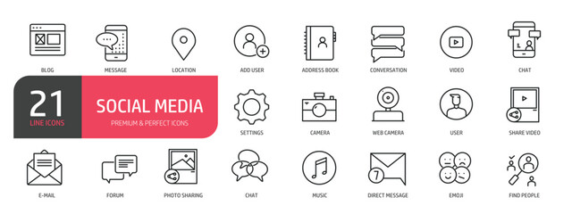 Set of line icons related to e-mail, message, blog, user, chat. Outline icons collection. Editable stroke. Vector illustration.