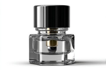Elegant perfume bottle with a metallic cap on a clean surface reflecting light
