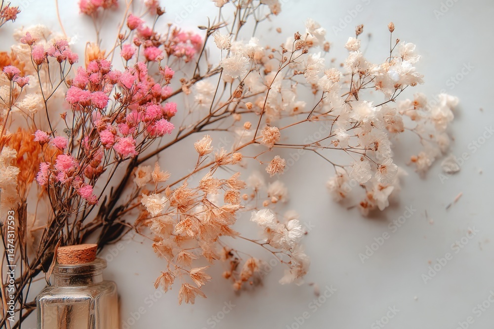 Poster Dried flowers arranged elegantly near a glass vase on a neutral background creating a serene and calm atmosphere