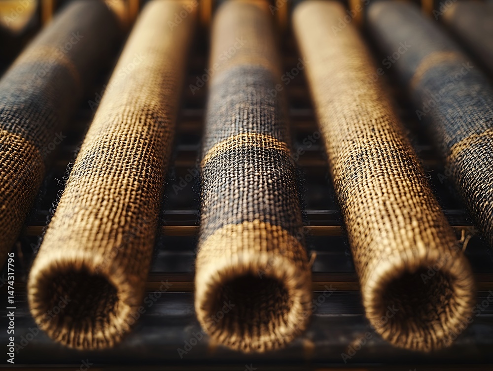 Poster textured textile cylinders create a dynamic visual experience of depth and shadow