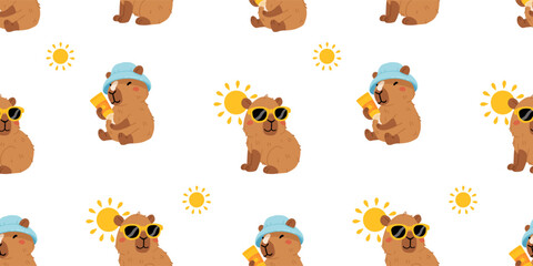 Fototapeta premium Seamless pattern with cute summer capybaras in various poses and items. Hand drawn cartoon flat style. Vacation seasonal template for design, kids collection