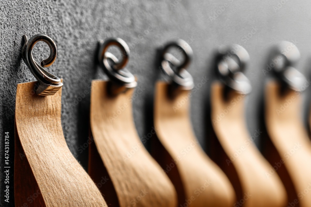Fototapete wooden hooks attached to a dark wall showcasing minimalist design and practicality in modern spaces