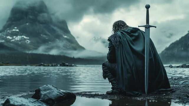 Mysterious Man in Black Cloak Standing in Water with Sword