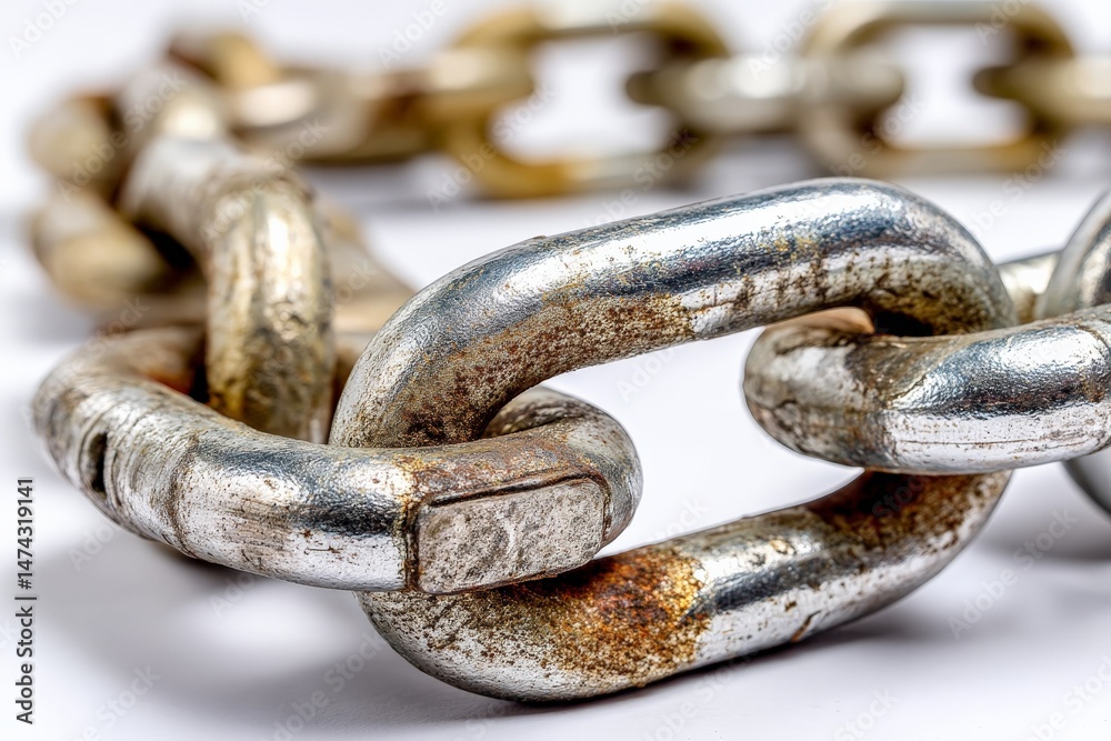 Poster rusty metal chain links showing wear and tear under bright lighting in a studio setting