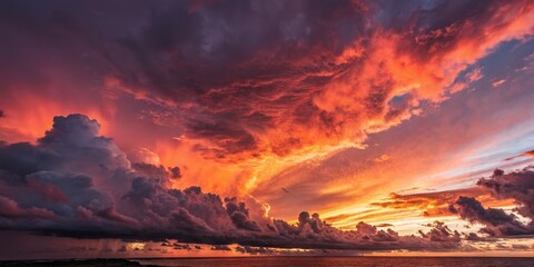 Fototapeta premium dramatic vibrant sunset sky clouds, majestic cloudscape sunrise, ethereal glowing heavenly atmosphere, stunning fiery colors sky horizon, epic cinematic nature landscape, awe-inspiring celestial skysc