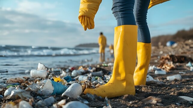 Coastal cleanup effort near the ocean's edge.
