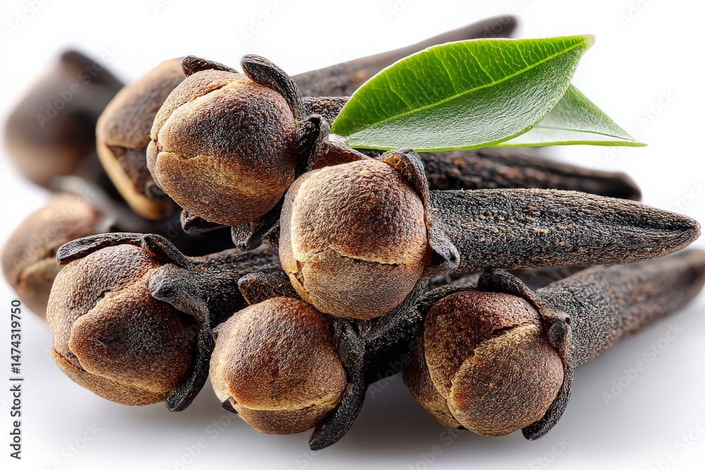 Poster dried cloves with green leaf resting on white background showcasing spice detail and texture