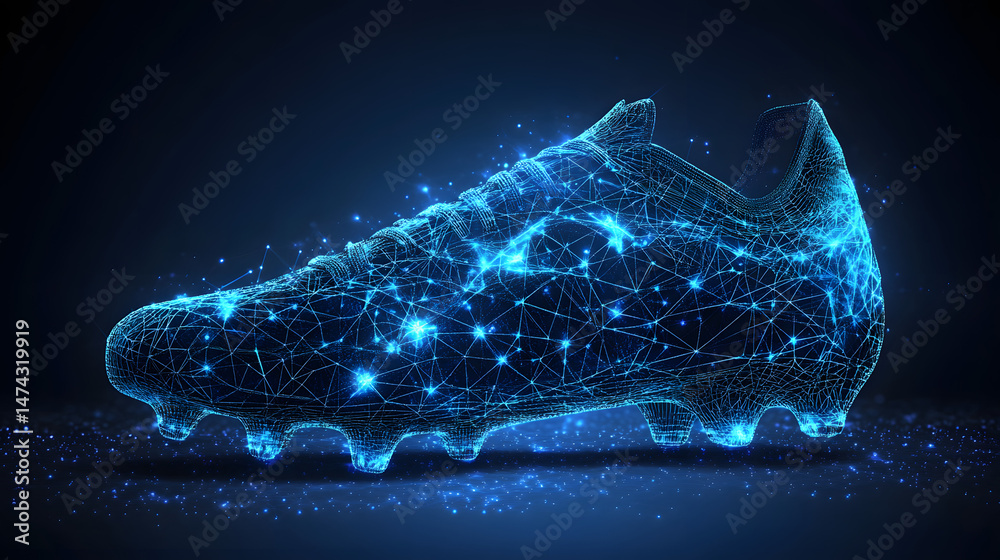 Poster futuristic football boot design with glowing blue wireframe. a technologically advanced and dynamic 