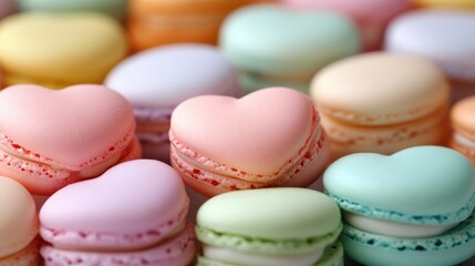 Obraz premium Colorful heart-shaped macarons are arranged closely, creating an inviting and playful atmosphere, Ideal for food blogs, dessert menus, and festive occasion promotions,