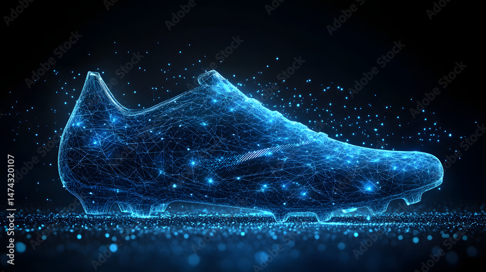 Poster futuristic soccer cleat design rendered in interconnected blue lines and dots against a dark backgro