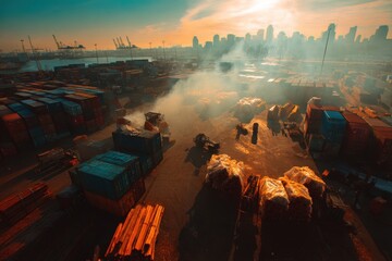 Busy Port City Under Dramatic Sunset