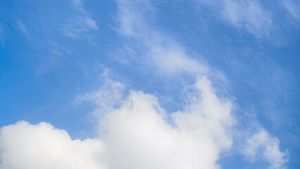 Serene blue sky with soft, fluffy clouds on a bright sunny day, aerial view
