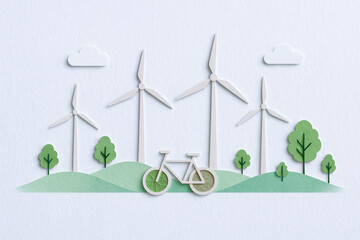 Eco friendly landscape with wind turbine bicycle tree and cloud in peaceful scene promoting green energy and sustainable lifestyle