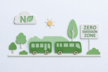 Eco friendly zero emission zone with green bus, trees, sun and cloud, promoting sustainable urban transport and clean environment