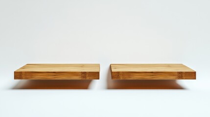 Two Floating Light Brown Wooden Shelves on White Background
