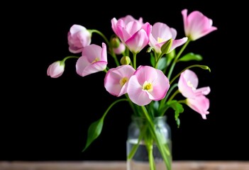 Obraz premium Delicate sweet peas in a tiny vase, dark backdrop, home decor, bloom