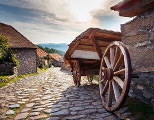 Obraz premium wooden cart wheel on a stone path in a historic village