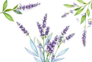Fototapeta premium Delicate watercolor lavender bouquet with leaves, isolated on white, beauty, element