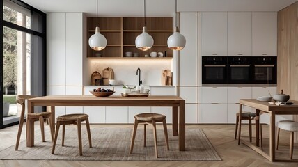 Modern white kitchen with wooden details and parquet floor, modern pendant lamps, minimalistic interior, with stools and accessories.