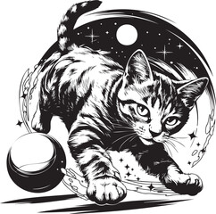 Energetic cat chasing ball in bold black and white vector artwork