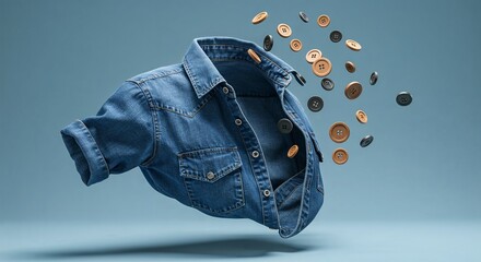 Flying denim shirt with scattered coins on a blue background, loose buttons on shirt collar 