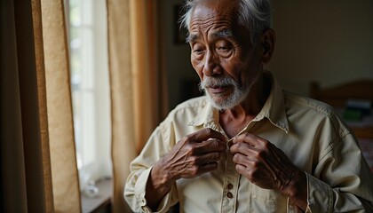 Elderly man adjusting shirt buttons in a warm-lit room, loose buttons on shirt collar   