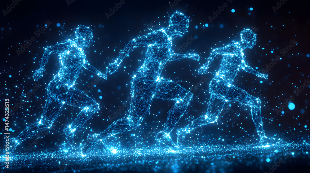 Poster dynamic blue runners emerge from the digital realm! representing speed and futuristic technology, th