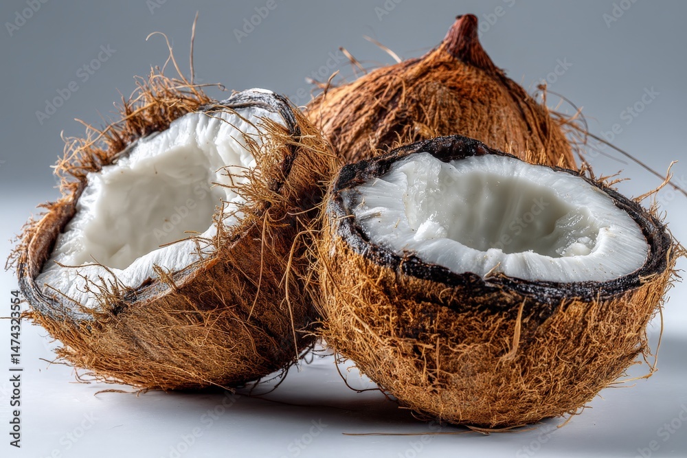Poster coconuts displaying their rough outer husk and smooth white interior on a neutral backdrop for a fre