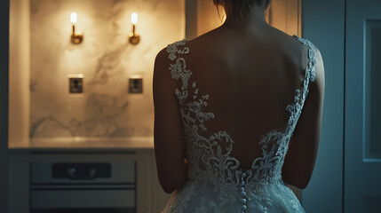 Obraz premium Woman in a Backless Lace Wedding Dress
