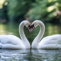 Fototapeta premium Two elegant swans gracefully arch their necks to form a heart shape, floating serenely on a tranquil lake, This image is perfect for themes of love, nature, and serenity in marketing materials,