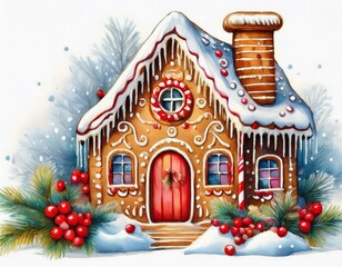 the image depicts a watercolor drawing of an isolated gingerbread house with snow and berries on a white background classified as an art illustration