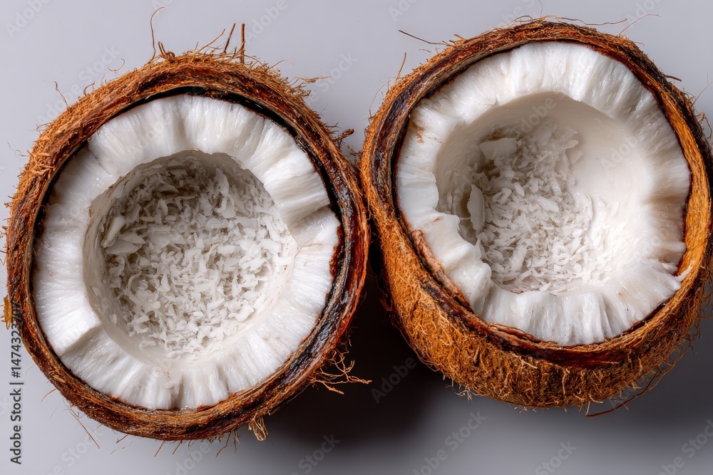 Aufkleber freshly opened coconuts display white flesh and shredded coconut on a light background