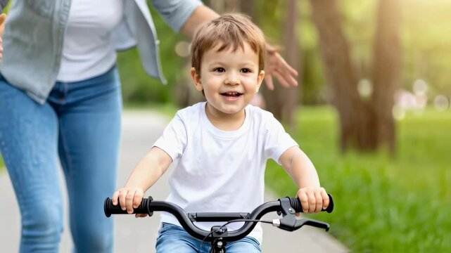 Toddler learning to ride a bicycle, parents cheering, first bike ride moment, happy childhood experience