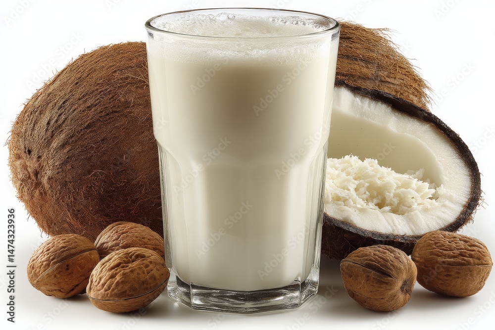 Poster coconut milk served in a glass with whole coconuts and nuts arranged on a clean surface