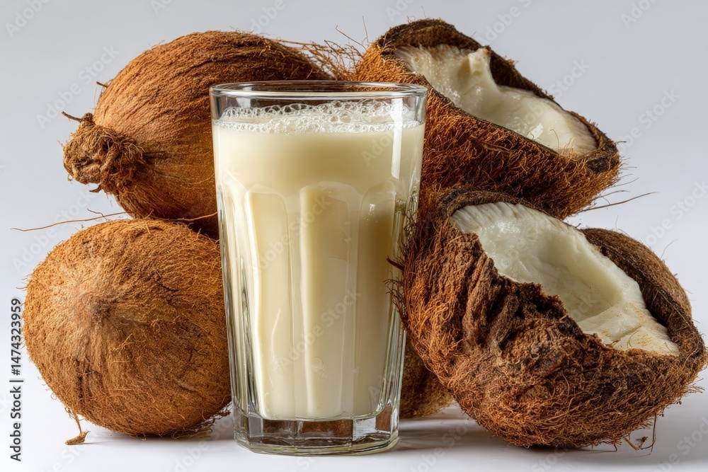 Poster coconut milk in a glass with whole coconuts and coconut halves displayed nearby in a clean setting