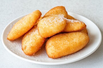 Close up of Pestiños with Sugar on White Plate Delicious Fried Pastries Traditional Spanish Cuisine Still Life